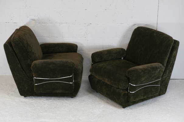 Space Age Armchairs in Brown Velvet and Steel, France, 1970s, Set of 2-MAO-1050231