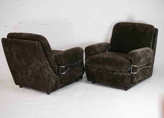 Space Age Armchairs in Brown Velvet and Steel, France, 1970s, Set of 2-MAO-1050231