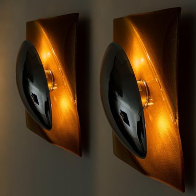 Space Age Brown Metal & Glass Wall Lights, 1970s, Set of 2-VDW-837677