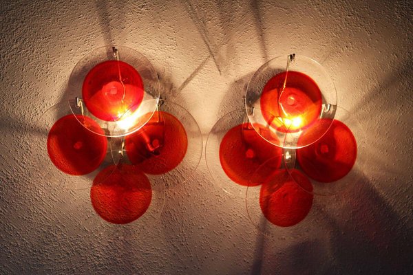 Space Age Disc Wall Lights in Red Murano Glass by Vistosi, 1970s, Set of 2-FJP-1791281