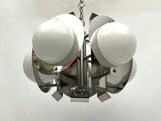 Space Age Five-Light Hanging Light in Chrome and White Glass, Italy, 1970s-OT-1702238