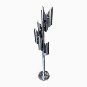 Space Age Italian Chromed Metal and Black Wood Floor Lamp in the style of Sciolari, 1970s-NMK-2032386