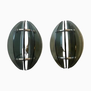 Space Age Italian Glass and Chromed Metal Wall Sconces attributed to Veca, 1970s, Set of 2-NMK-1781249