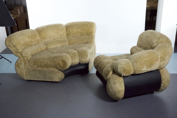 Space Age Modular Sofa in Cream Teddy Fabric & Leatherette by Adriano Piazzesi, Italy, 1970s, Set of 2-OT-2021380