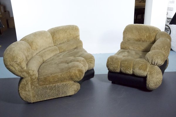 Space Age Modular Sofa in Cream Teddy Fabric & Leatherette by Adriano Piazzesi, Italy, 1970s, Set of 2-OT-2021380