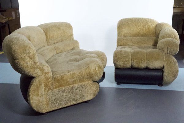 Space Age Modular Sofa in Cream Teddy Fabric & Leatherette by Adriano Piazzesi, Italy, 1970s, Set of 2-OT-2021380