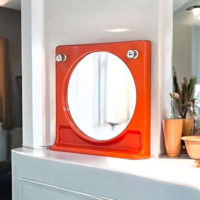 Space Age Orange Wall Mirror with Lights and Integrated Shelf, 1970s-YSC-2021897