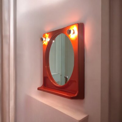 Space Age Orange Wall Mirror with Lights and Integrated Shelf, 1970s-YSC-2021897