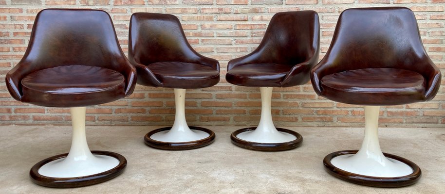 Space Age Swivel Chairs in Original Brown Leather, Plastic and Wood, 1960s, Set of 4-NOU-1220644