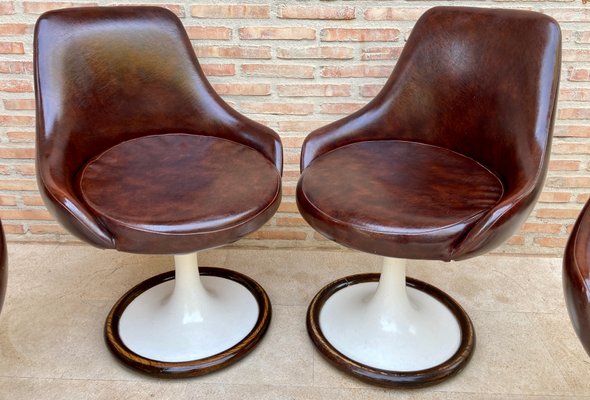 Space Age Swivel Chairs in Original Brown Leather, Plastic and Wood, 1960s, Set of 4-NOU-1220644