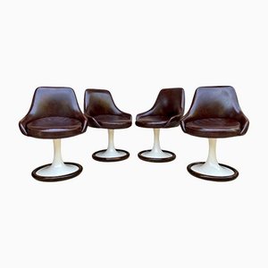 Space Age Swivel Chairs in Original Brown Leather, Plastic and Wood, 1960s, Set of 4-NOU-1220644