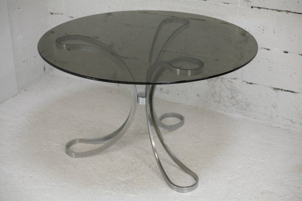 Space Age Table in Polished Steel with Round Smoked Glass Top, France, 1970s-MAO-988442