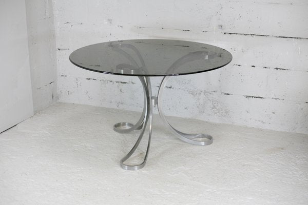 Space Age Table in Polished Steel with Round Smoked Glass Top, France, 1970s-MAO-988442