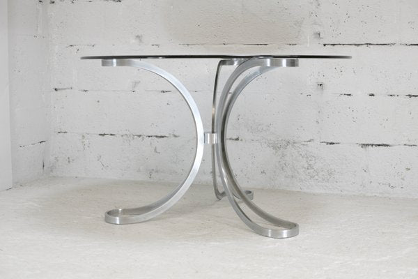 Space Age Table in Polished Steel with Round Smoked Glass Top, France, 1970s-MAO-988442