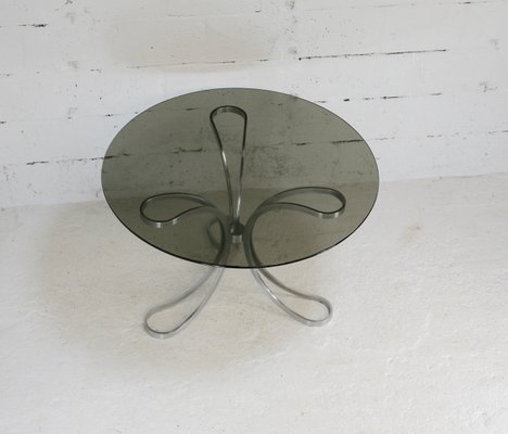 Space Age Table in Polished Steel with Round Smoked Glass Top, France, 1970s-MAO-988442