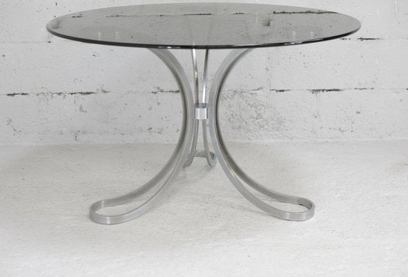 Space Age Table in Polished Steel with Round Smoked Glass Top, France, 1970s-MAO-988442