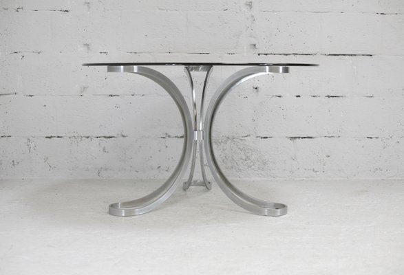 Space Age Table in Polished Steel with Round Smoked Glass Top, France, 1970s-MAO-988442