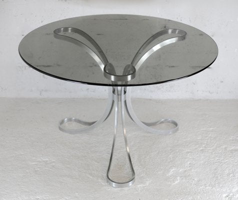 Space Age Table in Polished Steel with Round Smoked Glass Top, France, 1970s-MAO-988442