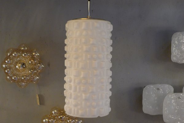 Space Age White Glass Ceiling Lamp with Embossed Geometric Pattern from Staff, 1970s-VRE-681525