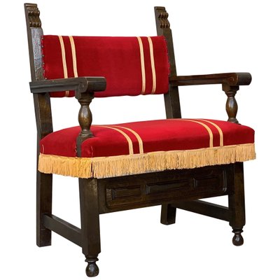 Spanish Armchair in Carved Walnut & Red Velvet Upholstery-PSK-1002943