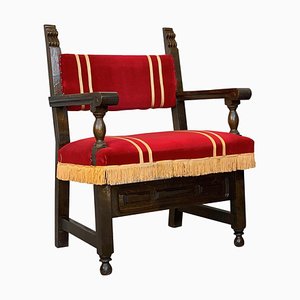 Spanish Armchair in Carved Walnut & Red Velvet Upholstery-PSK-1002943