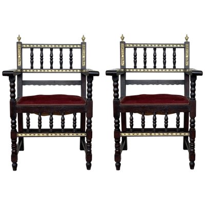 Spanish Armchairs with Bronze Details & Red Velvet Upholstery, Set of 2-PSK-1002965