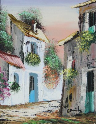 Spanish Artist, Street in a Typical Spanish Village, 20th Century, Oil on Canvas, Framed-ZYI-1332079