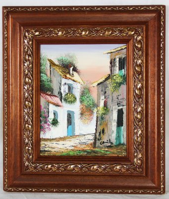 Spanish Artist, Street in a Typical Spanish Village, 20th Century, Oil on Canvas, Framed-ZYI-1332079