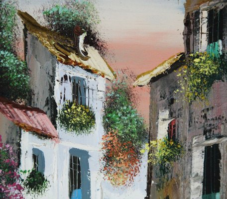 Spanish Artist, Street in a Typical Spanish Village, 20th Century, Oil on Canvas, Framed-ZYI-1332079