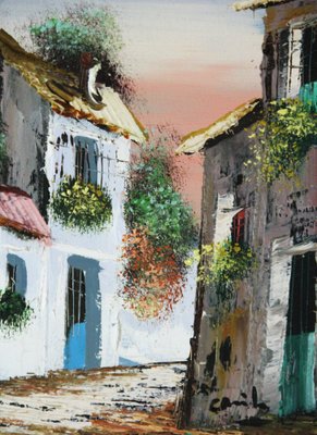 Spanish Artist, Street in a Typical Spanish Village, 20th Century, Oil on Canvas, Framed-ZYI-1332079