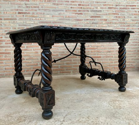 Spanish Baroque Table with Dark Walnut Solomonic Legs with Carved Structure and Iron Stretcher-NOU-1005594