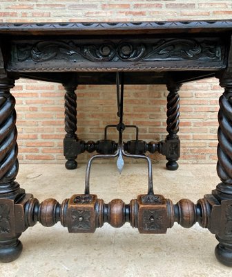 Spanish Baroque Table with Dark Walnut Solomonic Legs with Carved Structure and Iron Stretcher-NOU-1005594