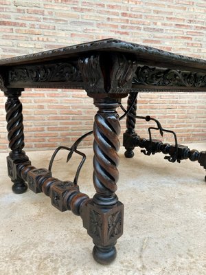 Spanish Baroque Table with Dark Walnut Solomonic Legs with Carved Structure and Iron Stretcher-NOU-1005594