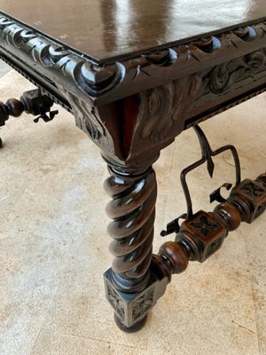 Spanish Baroque Table with Dark Walnut Solomonic Legs with Carved Structure and Iron Stretcher-NOU-1005594