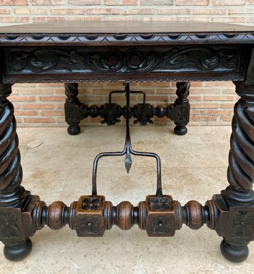 Spanish Baroque Table with Dark Walnut Solomonic Legs with Carved Structure and Iron Stretcher-NOU-1005594