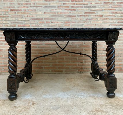 Spanish Baroque Table with Dark Walnut Solomonic Legs with Carved Structure and Iron Stretcher-NOU-1005594