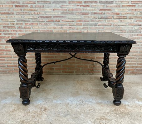 Spanish Baroque Table with Dark Walnut Solomonic Legs with Carved Structure and Iron Stretcher-NOU-1005594