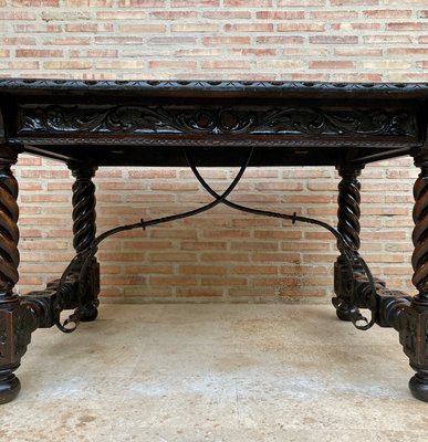 Spanish Baroque Table with Dark Walnut Solomonic Legs with Carved Structure and Iron Stretcher-NOU-1005594