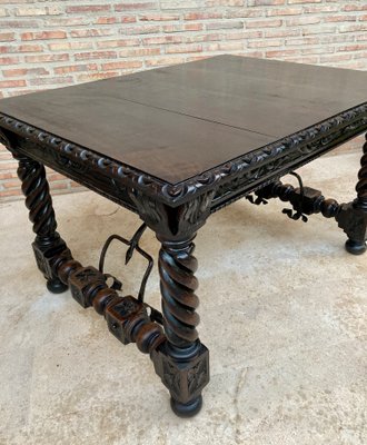 Spanish Baroque Table with Dark Walnut Solomonic Legs with Carved Structure and Iron Stretcher-NOU-1005594