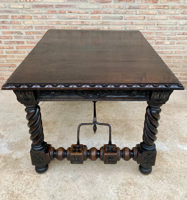 Spanish Baroque Table with Dark Walnut Solomonic Legs with Carved Structure and Iron Stretcher-NOU-1005594