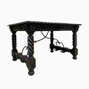 Spanish Baroque Table with Dark Walnut Solomonic Legs with Carved Structure and Iron Stretcher-NOU-1005594