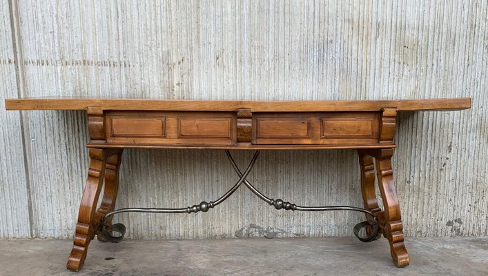 Spanish Bench or Low Console Table with Drawers, Lyre Legs and Iron Stretcher-PSK-1002637