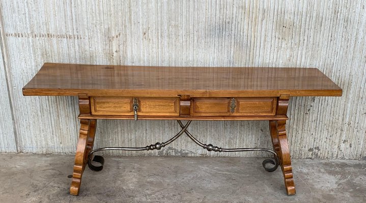 Spanish Bench or Low Console Table with Drawers, Lyre Legs and Iron Stretcher-PSK-1002637