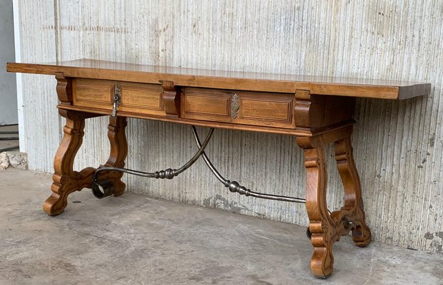 Spanish Bench or Low Console Table with Drawers, Lyre Legs and Iron Stretcher-PSK-1002637