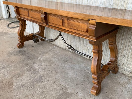 Spanish Bench or Low Console Table with Drawers, Lyre Legs and Iron Stretcher-PSK-1002637