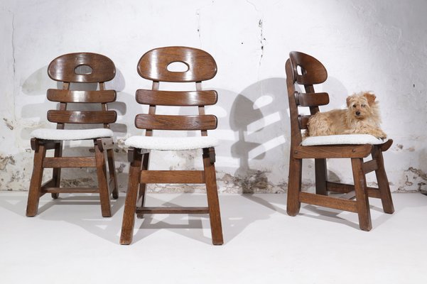 Spanish Brutalist Fishbone Chairs in Oak and Bouclé, 1960s, Set of 4-XQB-1812690