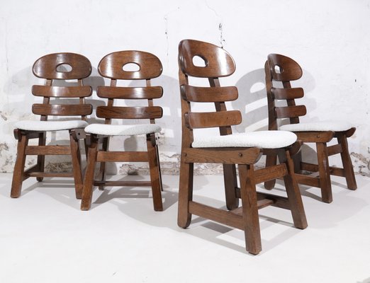 Spanish Brutalist Fishbone Chairs in Oak and Bouclé, 1960s, Set of 4-XQB-1812690