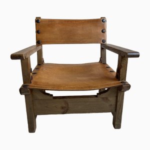 Spanish Brutalist Lounge Chair in Oak, 1970s-HKY-1722703