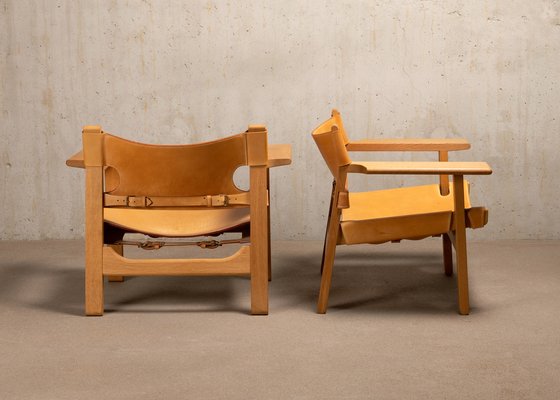 Spanish Chair Set in Naturel Leather and Oak by Børge Mogensen for Fredericia, 1995, Set of 2-JK-1824715