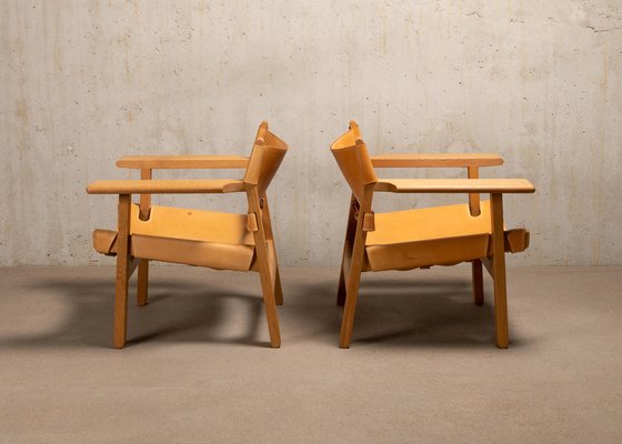 Spanish Chair Set in Naturel Leather and Oak by Børge Mogensen for Fredericia, 1995, Set of 2-JK-1824715